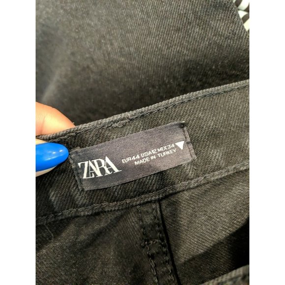 Zara Women's Black Wide Leg Jeans Size 12 zip fly raw hem - Picture 2 of 7